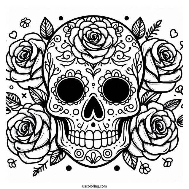 Easy Sugar Skulls Coloring Page With Roses For Kids