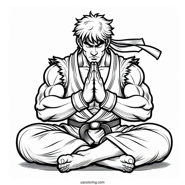 Street Fighter Coloring Page Of Ryu Meditating For Kids
