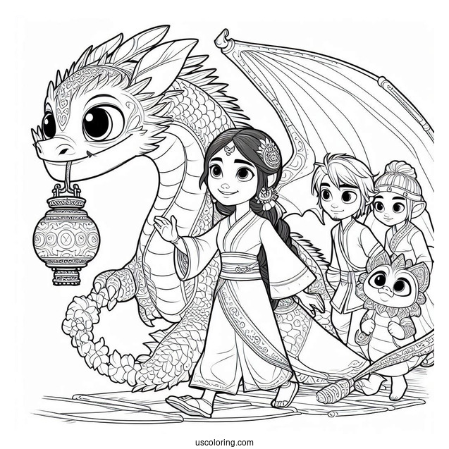 Raya And The Last Dragon Coloring Page Of Raya, Sisu, Tuk Tuk, And Namaari