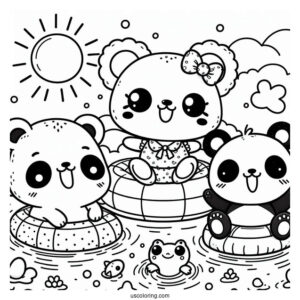 Summer Coloring Page Of Kawaii Bear, Panda, And Frog Floating In The Pool