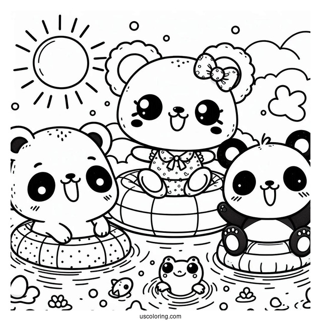 Summer Coloring Page Of Kawaii Bear, Panda, And Frog Floating In The Pool