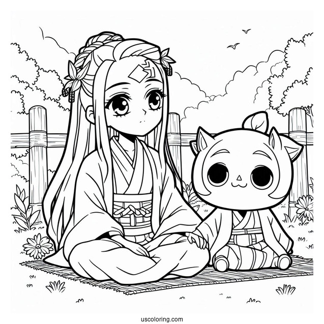 Nezuko Coloring Page Sitting Next To Inosuke In Garden