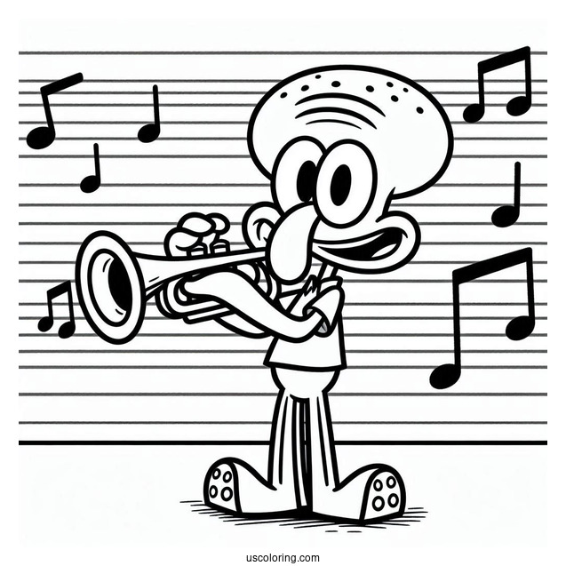 Squidward Coloring Page Playing Trumpet