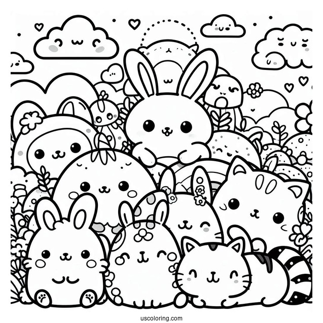 Kawaii Smiling Critters Coloring Page On Top Of Each Other