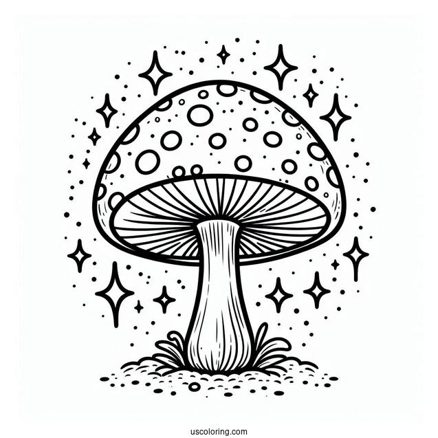 Mushroom Coloring Page With Spotted Cap And Sparkly Background