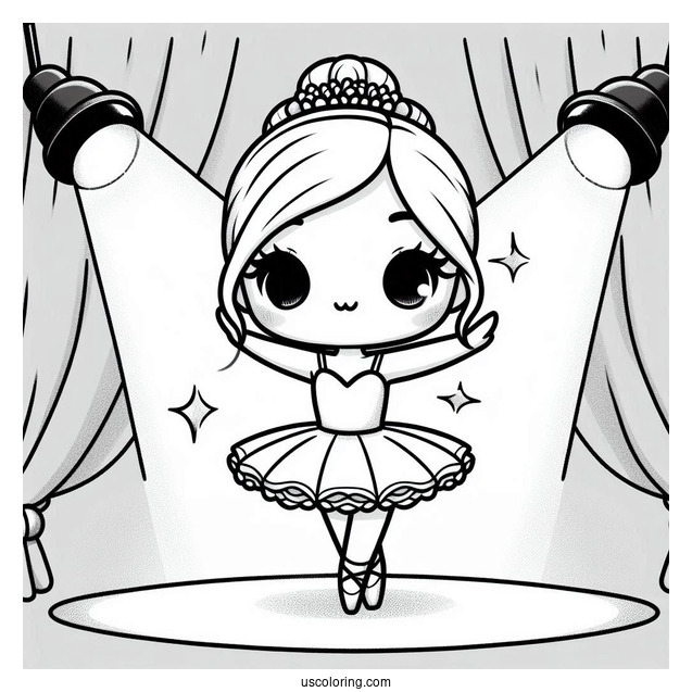 Chibi Coloring Page Ballerina Dancing on Stage Under a Spotlight For Kids