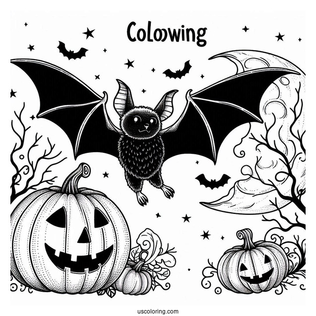 Bat Coloring Page Carrying Jack O Lantern On Halloween