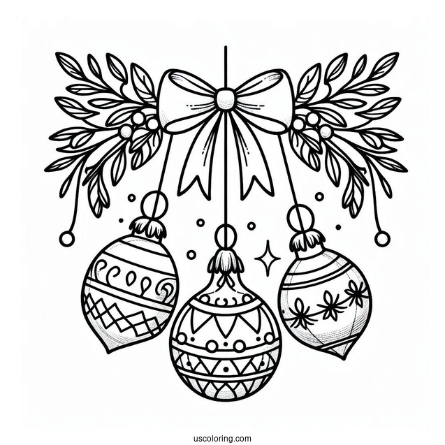 Bulbs Hanging From Mistletoes With Bows Christmas Ornaments Coloring Page