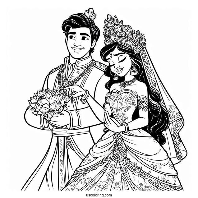Easy Coloring Sheet Of Tiana And Naveen Wedding
