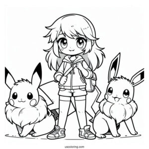 Cute Coloring Page Pokemon Trainer With Pikachu And Eevee