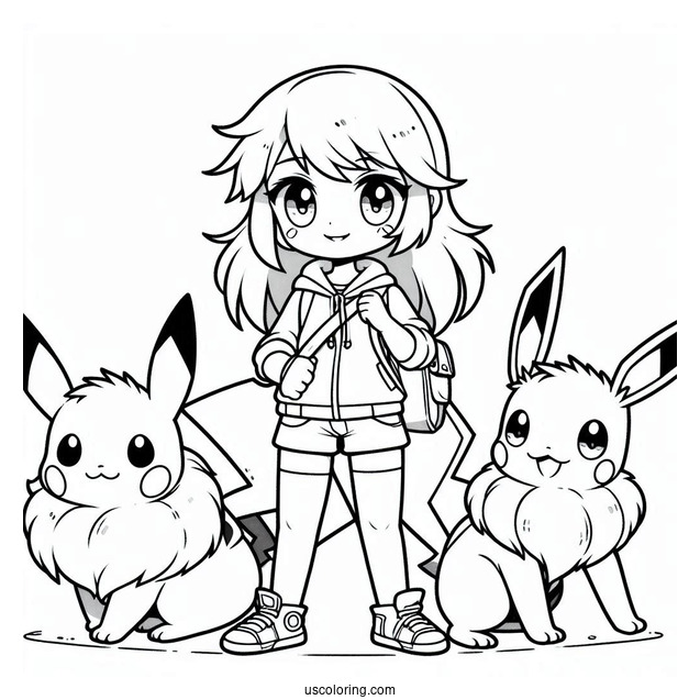 Cute Coloring Page Pokemon Trainer With Pikachu And Eevee
