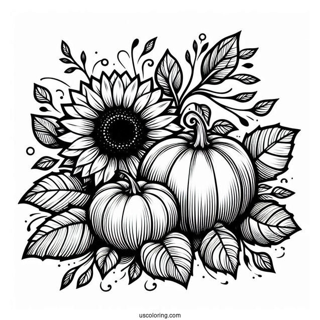Pumpkin Coloring Page Of Sunflowers, And Leaves