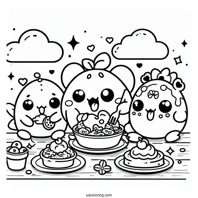 Tamagotchi Coloring Page Of Kuchipatchi, Mametchi, Lovelin, Chamametchi, And Friends Eating For Kids