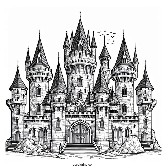 Detailed Castle Coloring Page With Towers