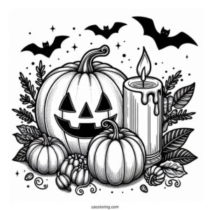 Pumpkin Coloring Page Of Lit Candle Above A Jack O Lantern