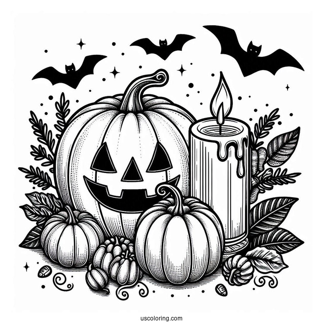 Pumpkin Coloring Page Of Lit Candle Above A Jack O Lantern