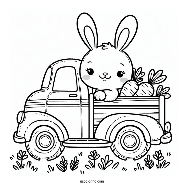 Easter Bunny Coloring Page At The Back Of Pick Up Truck With Carrots