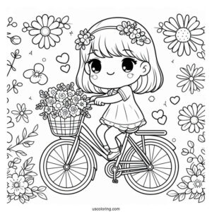 Kawaii Little Girl Riding Bicycle Coloring Page With Flowers For Kids