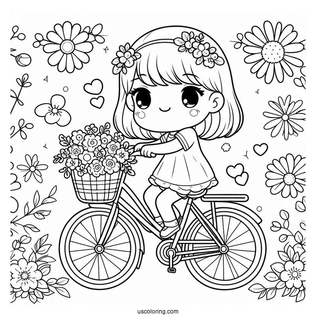 Kawaii Little Girl Riding Bicycle Coloring Page With Flowers For Kids