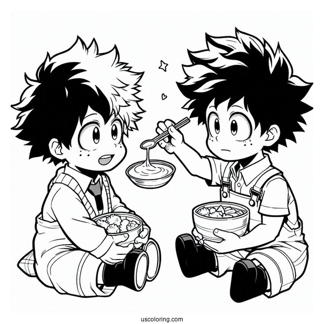 Cute Bakugo Feeding Deku Coloring Page