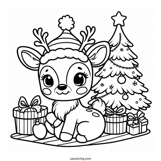 Adorable Little Rudolph Coloring Page Beside A Christmas Tree For Preschoolers