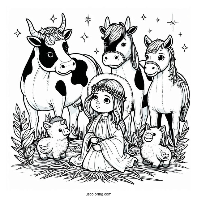 Nativity Coloring Page With Cow And Pony Surrounding Jesus