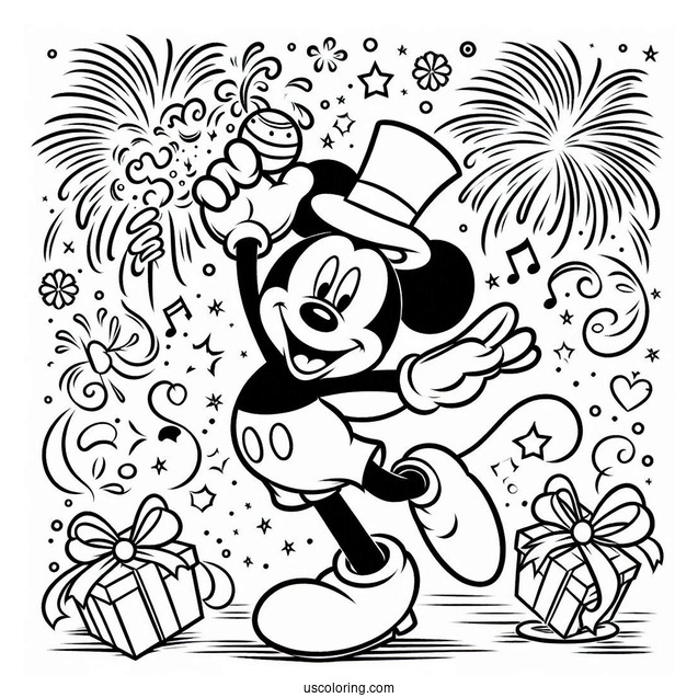 Mickey Mouse Dancing Under Happy New Years Eve Coloring Page For Kids