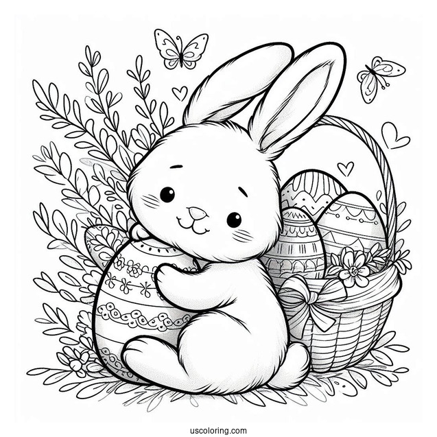 Furry Easter Bunny Coloring Page Hugging Easter Eggs