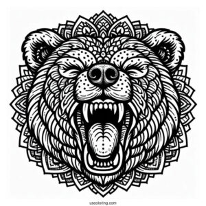 Roaring Bear Coloring Page With Sharp Teeth Mandala