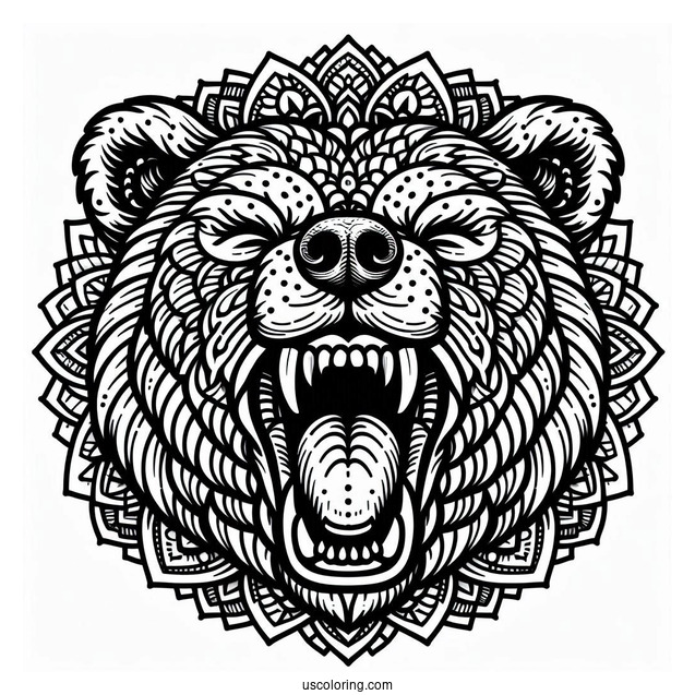 Roaring Bear Coloring Page With Sharp Teeth Mandala