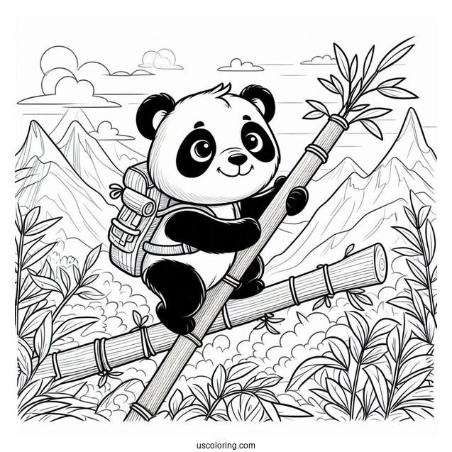 Explorer Panda Coloring Page Climbing Bamboo in the Mountains