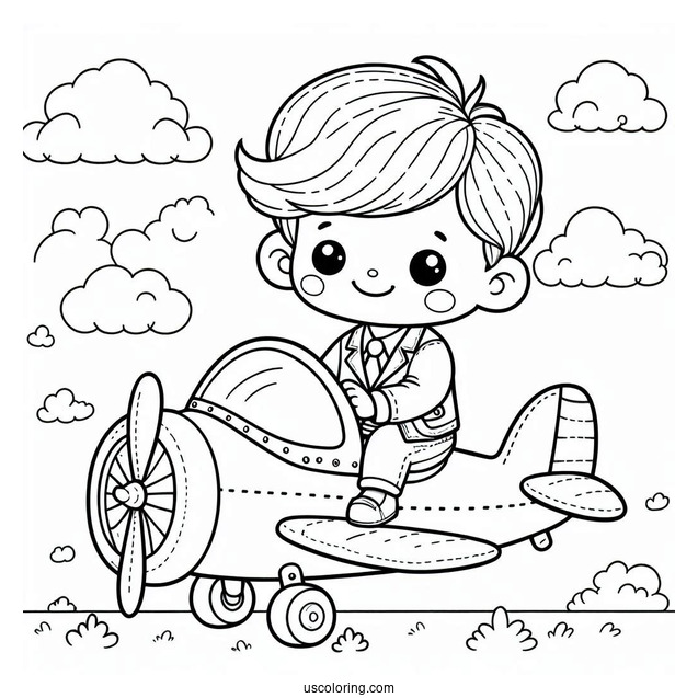 Cute Coloring Page Little Boy Riding An Airplane