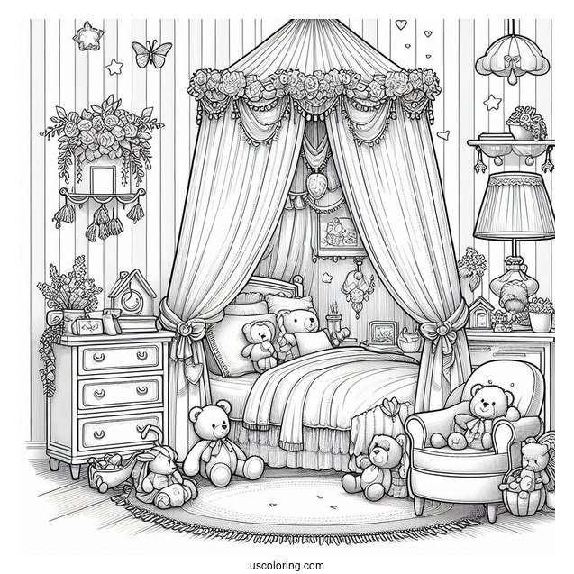 Quaint Bedroom Coloring Page With Canopy, Armchair, And Stuffed Toys