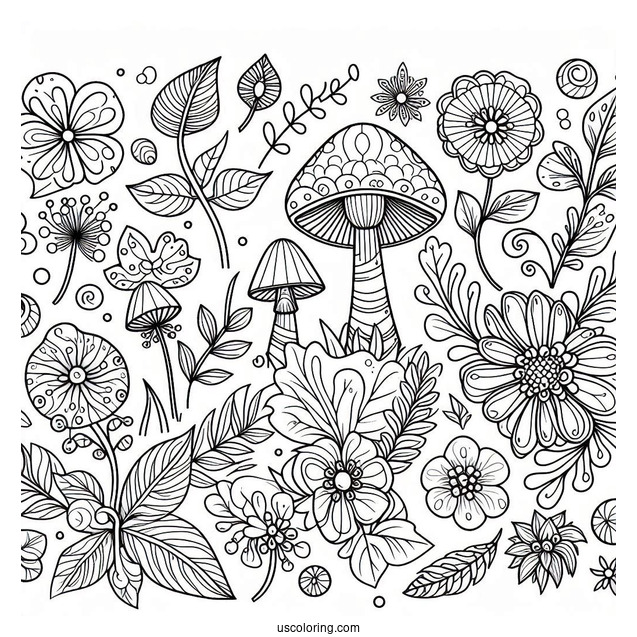 Flowers And Mushrooms Pattern Coloring Page