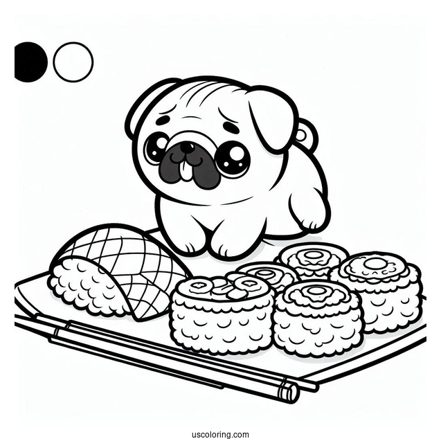 Kawaii Pug Coloring Page and Sushi Platter