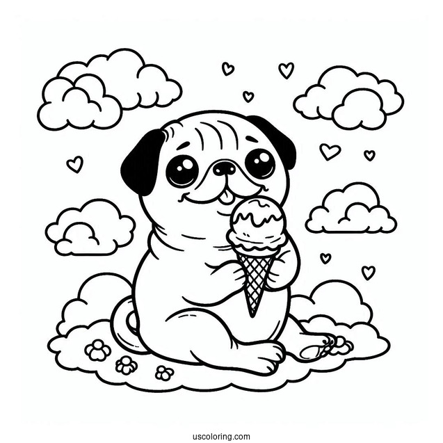 Pug Coloring Page Enjoying Ice Cream Cone In The Clouds for Kids