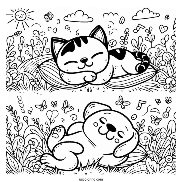 Smiling Critters Coloring Page Of CatNap And DogDay With Arms Hooked On A Field