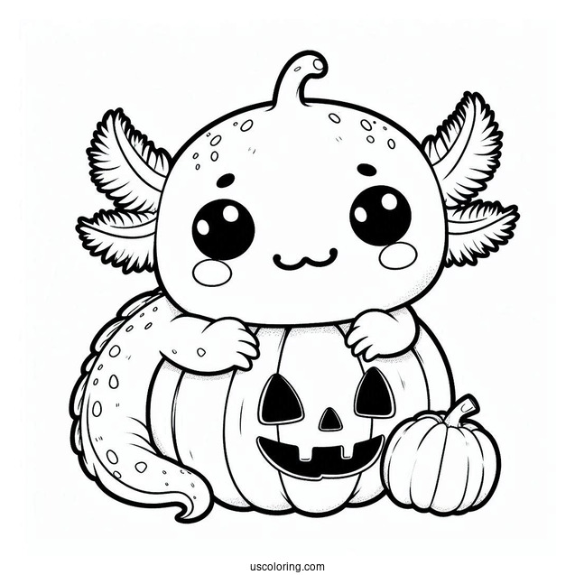 Kawaii Axolotl Coloring Page Hugging A Jack O Lantern