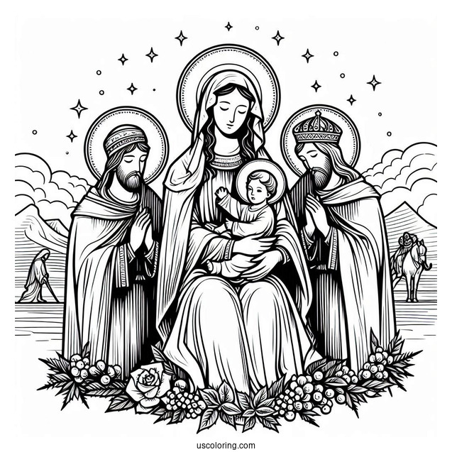 Virgin Mary With Jesus And Three Kings Coloring