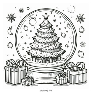 Christmas Tree With Presents Snow Globe Coloring Page