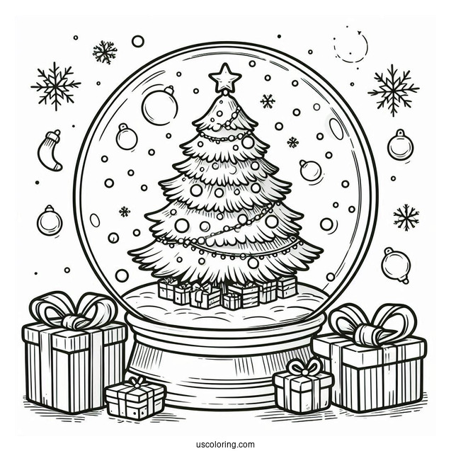 Christmas Tree With Presents Snow Globe Coloring Page
