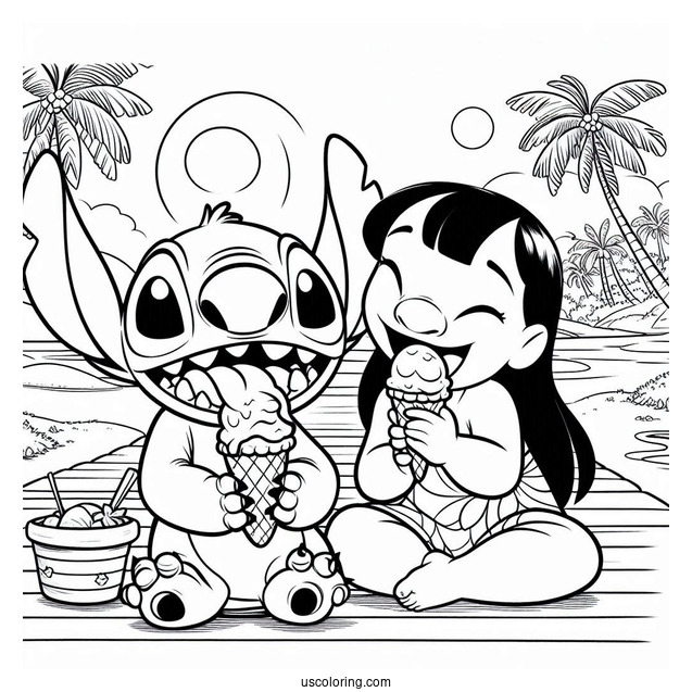 Coloring Page Of Lilo And Stitch Eating Ice Cream
