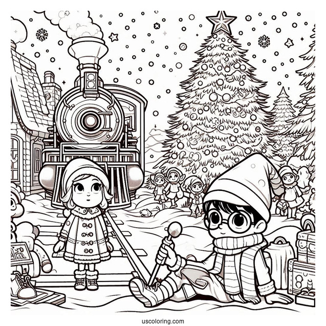 Polar Express Coloring Page Of Hero Boy, Hero Girl, And Lonely Boy With The Elves Around A Christmas Tree