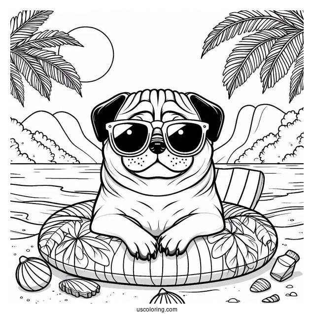 Cool Pug Coloring Page Wearing Sunglasses on a Tropical Vacation