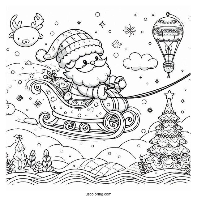 Santa Flying On A Sleigh Over The North Pole Coloring Page For Kids