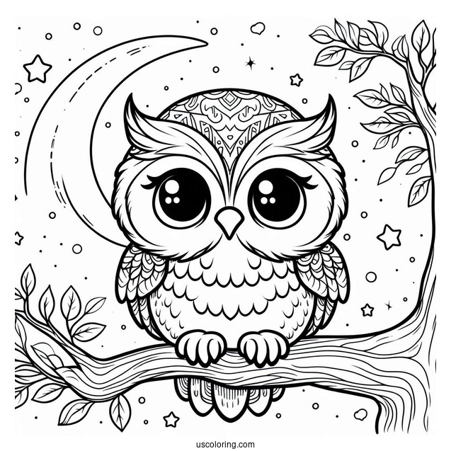 Cute Owl Sitting In Tree During Night
