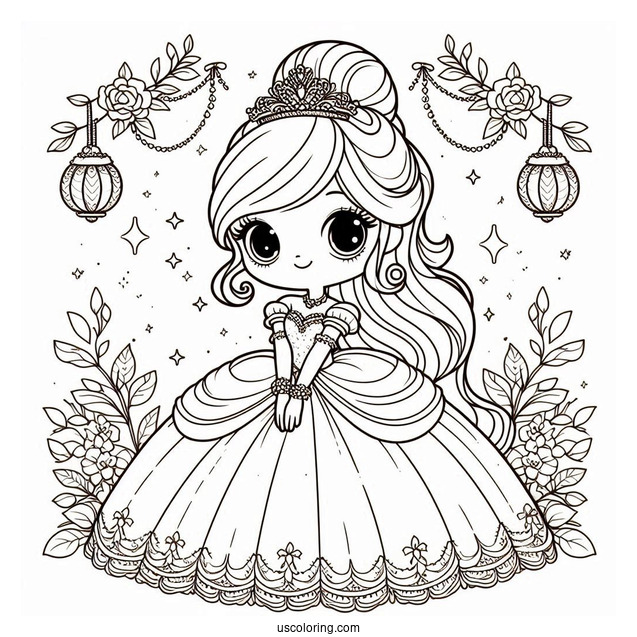 Cute Princess Coloring Page In Ball Gown And Gloves