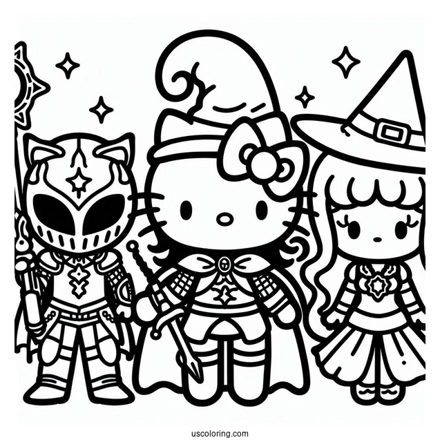 Sanrio Coloring Pages Of Hello Kitty Knight, Sorcerer My Melody, And Witch Kuromi