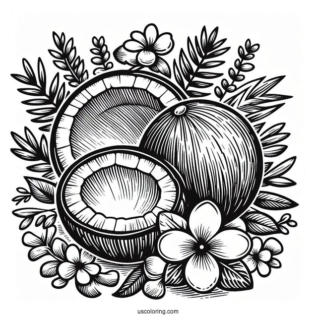 Open Coconut Coloring Page With Leaves And Flowers