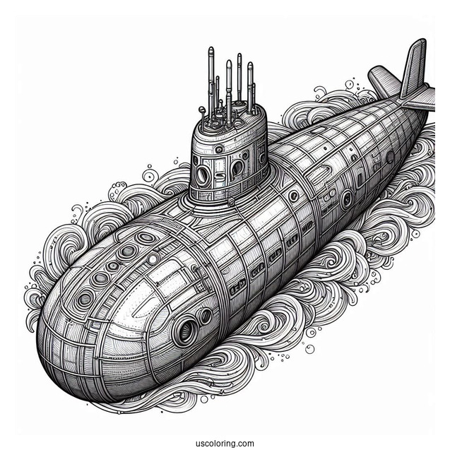 Top View Of Detailed Submarine Coloring Page